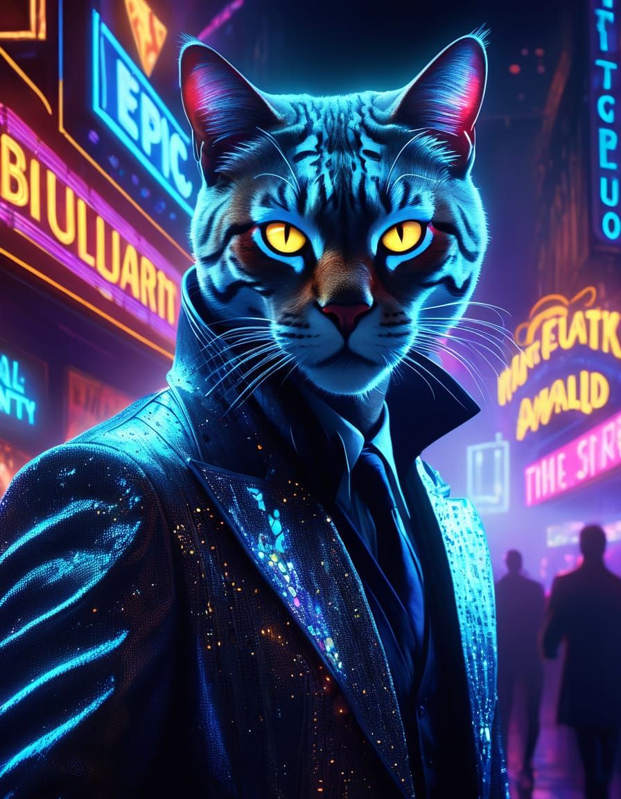 Mysterious Feline Performer on Stage in Digital Art Style