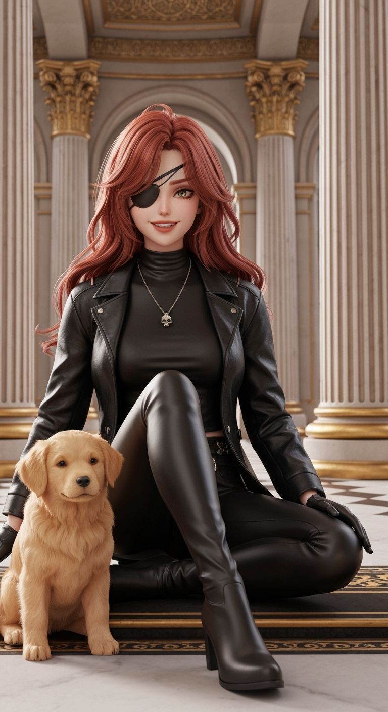 Anime Woman with Puppy in Ornate Palace