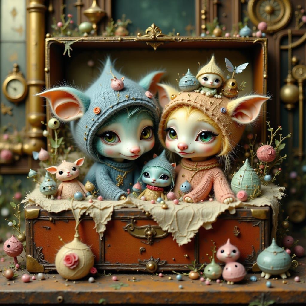 Pastel Furry Creatures in Toy Chest, 3D Render