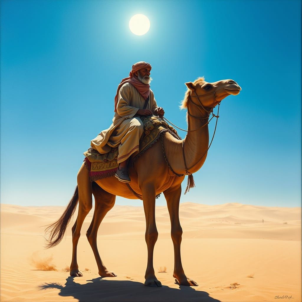 Aged Arabic Nomad on Bactrian Camel in Desert Oil Painting