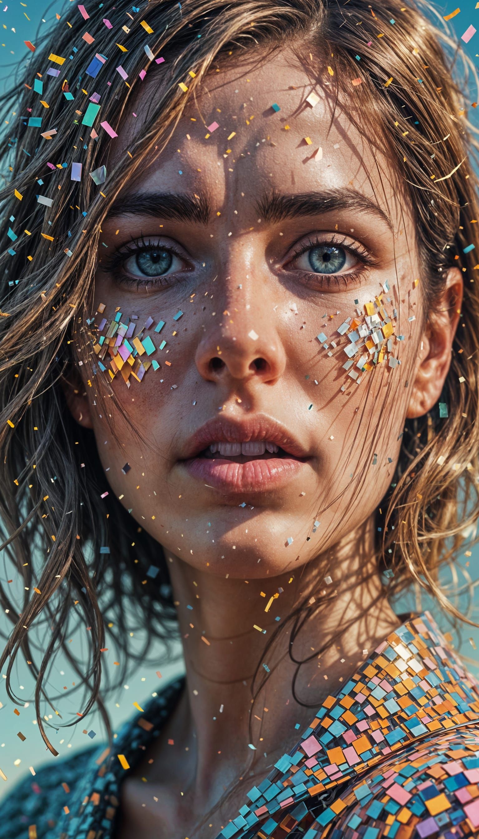 Sad Woman Digitally Dissolving into Pixels in High Resolutio...