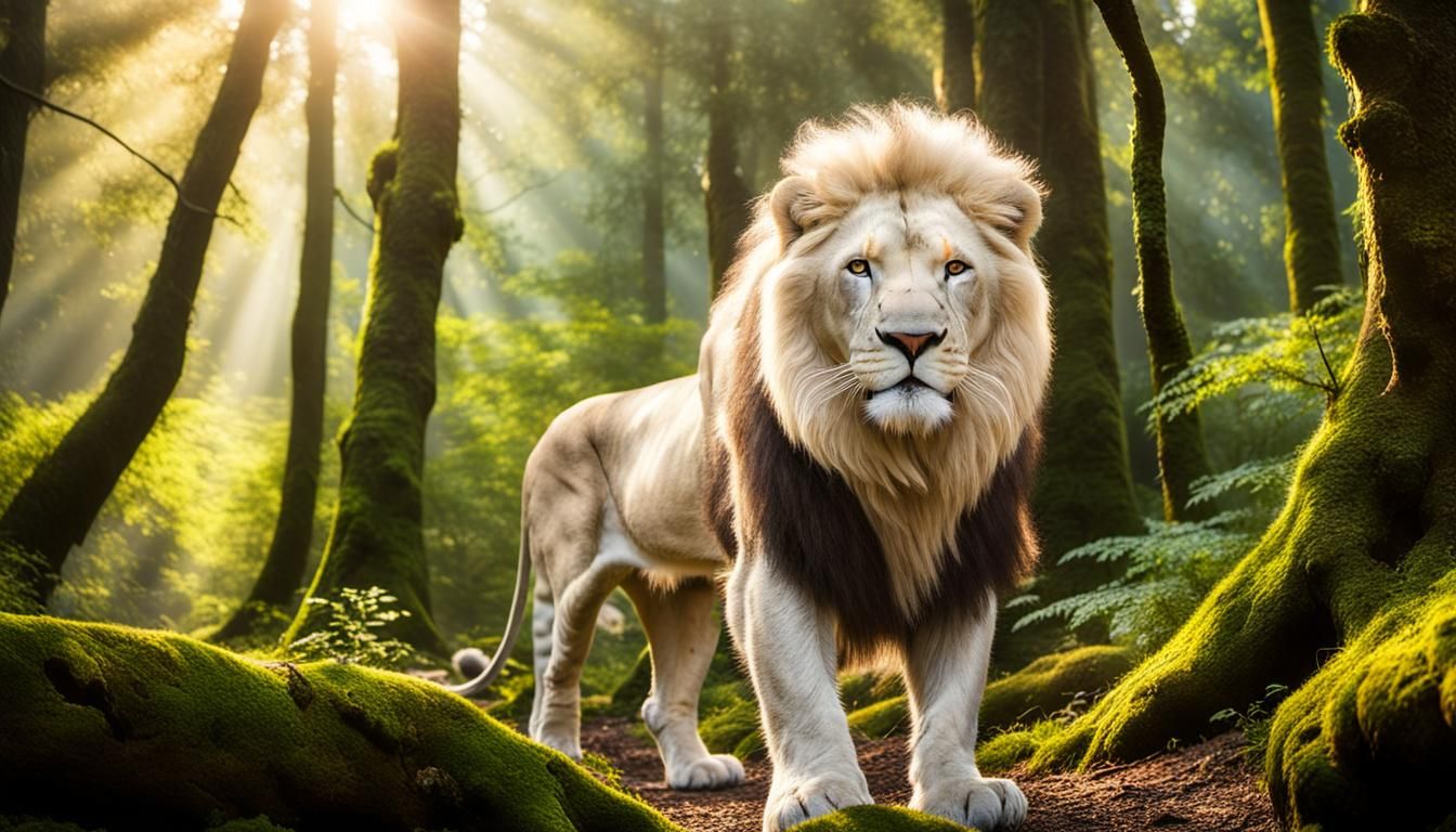 Majestic White Lion in Dreamy Forest: Wildlife Photography