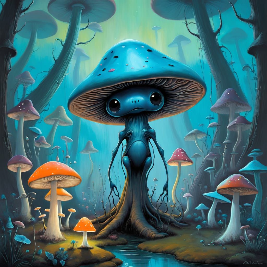 Ethereal Whimsy: Alien Amidst Bioluminescent Fungi