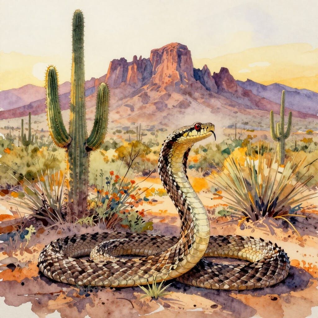 Rattlesnake & Saguaro at Sunset in Superstition Mountains