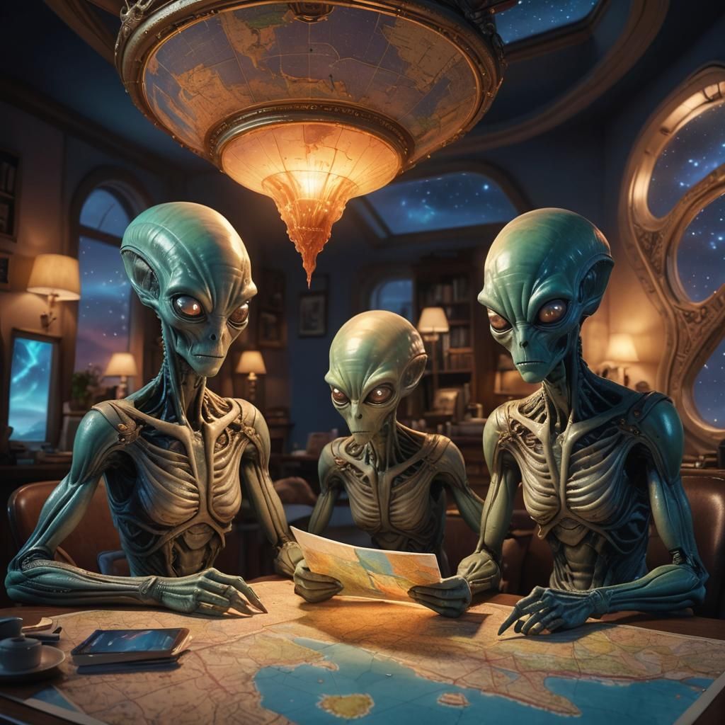 Alien Family Navigating by Map: Hyperrealistic Digital Art