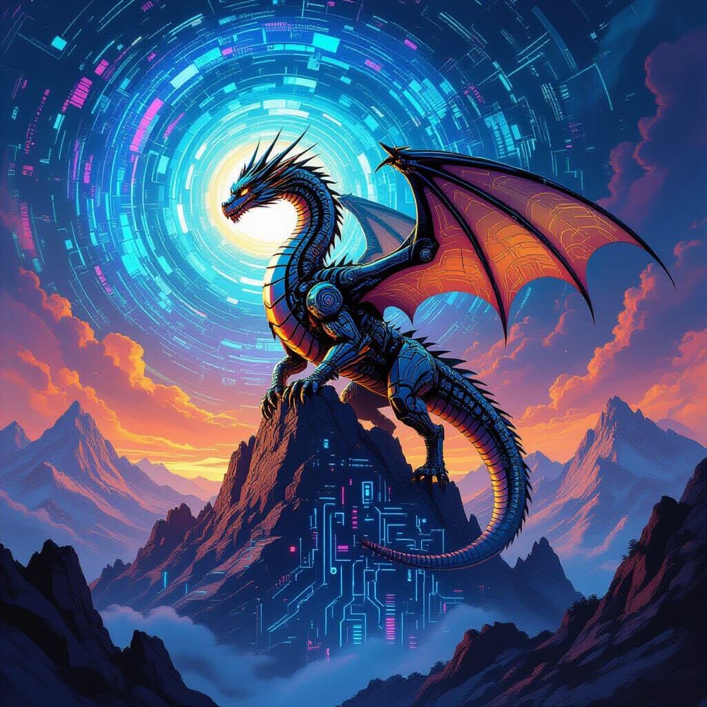 Mechanical Dragon on Circuit Board Mountains
