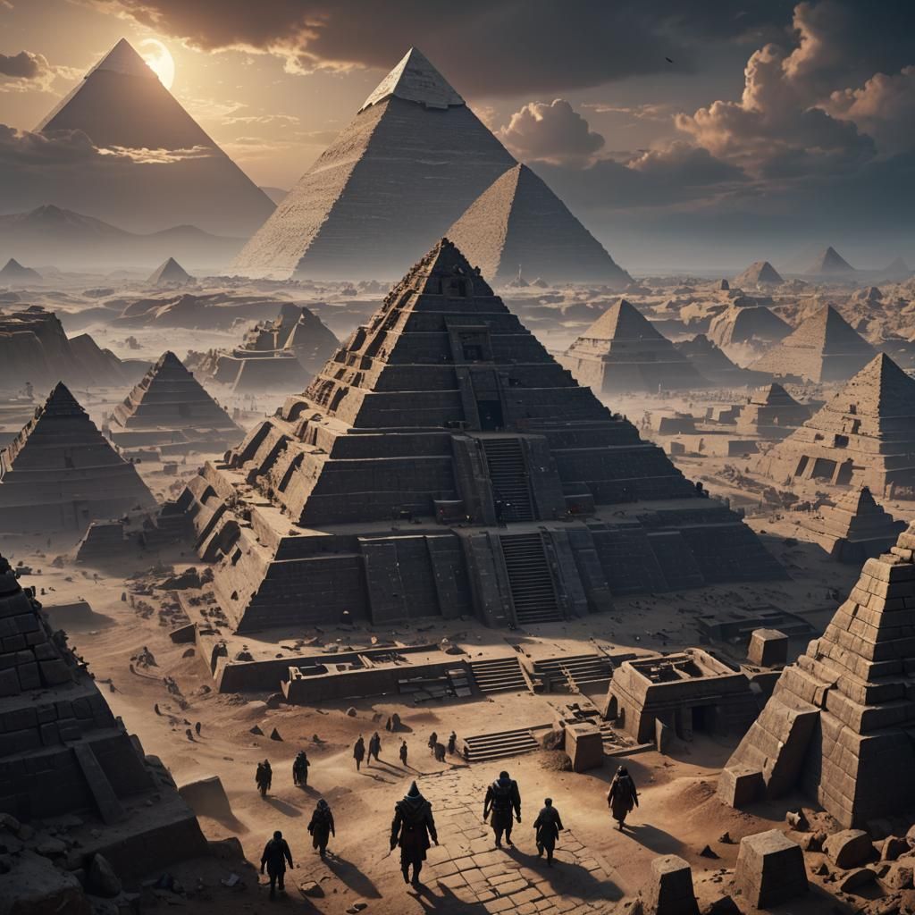Eerie Pyramids with All-Seeing Eye in Dark Fantasy Style