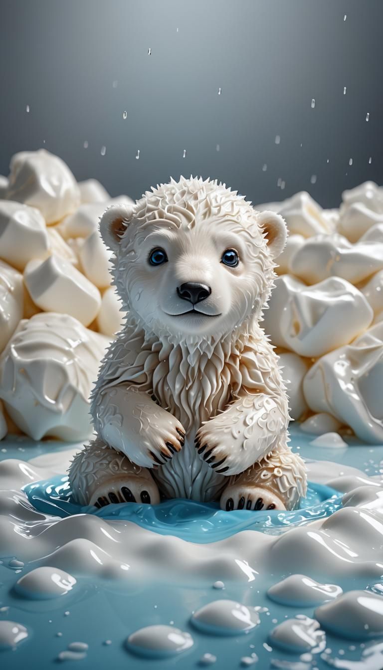 Adorable Polar Bear Cub in Milk Bath, Plastic Effect