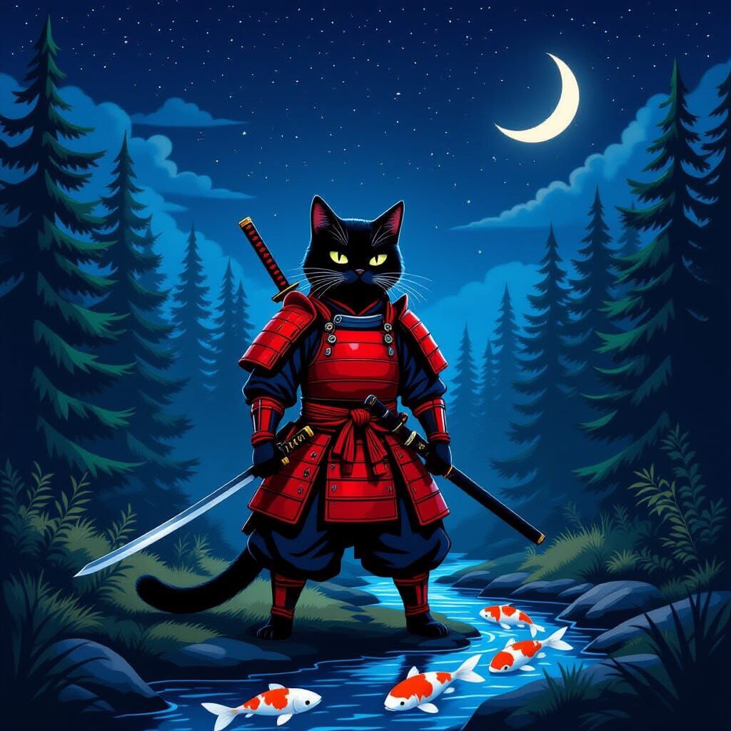 Black Cat Samurai in Moonlit Forest with Koi Stream