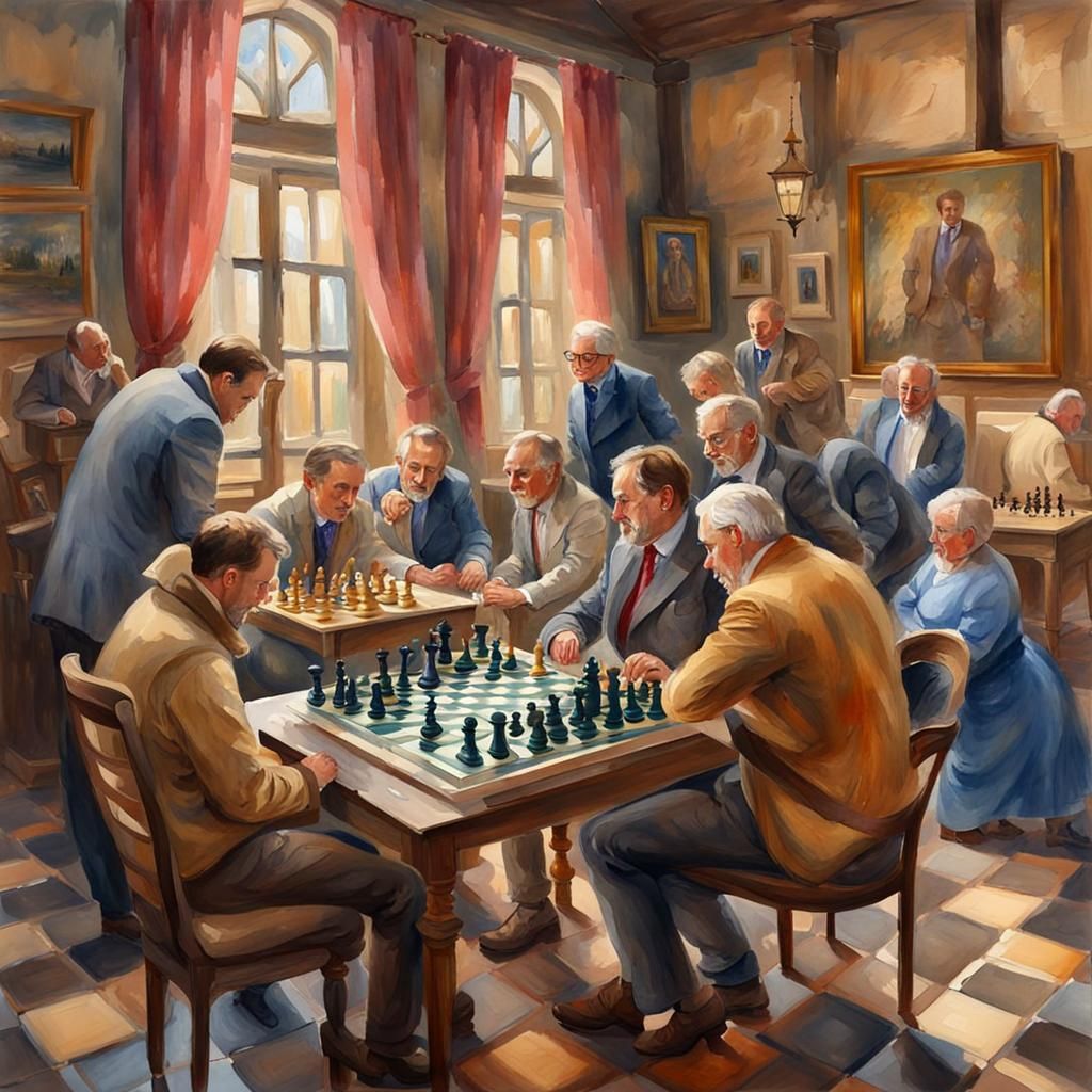 Chess Tournament in Gouache Style, Antique Manor