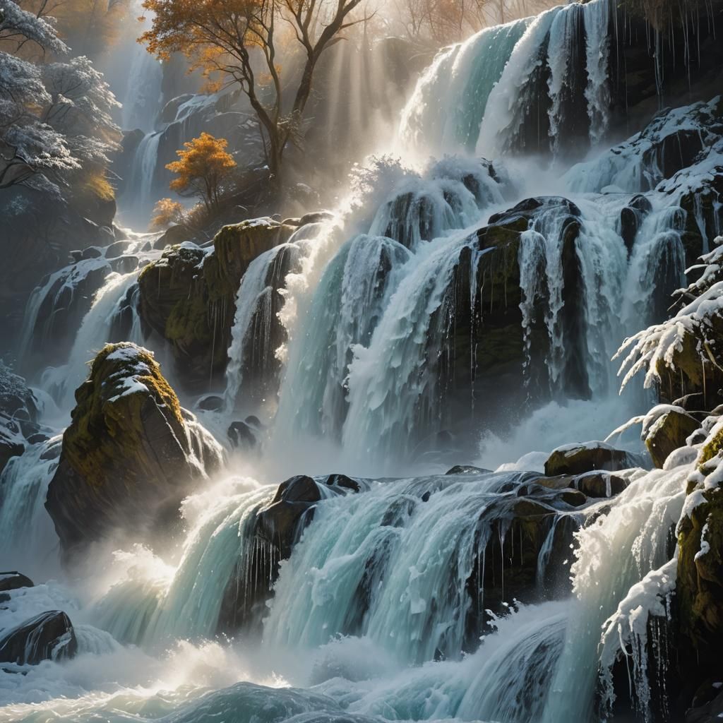 Hyperrealistic Waterfall Frozen in Time