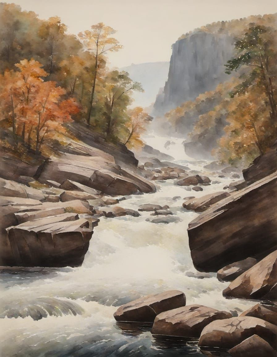 Canoeing the Rapids: Watercolor Hudson River School Style