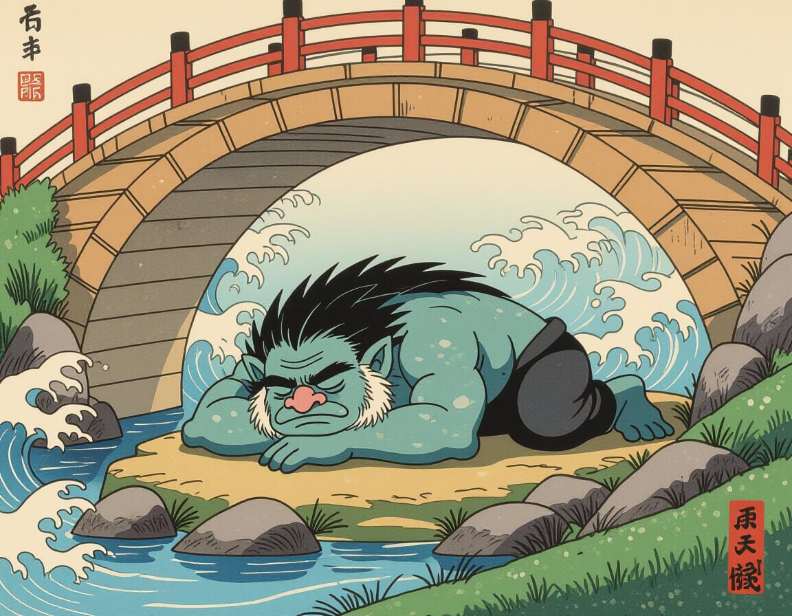 Troll Asleep Under Bridge in Hokusai Style