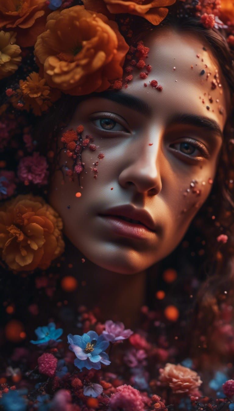 Surreal Woman Surrounded by Flowers in Dreamlike Oil Paintin...