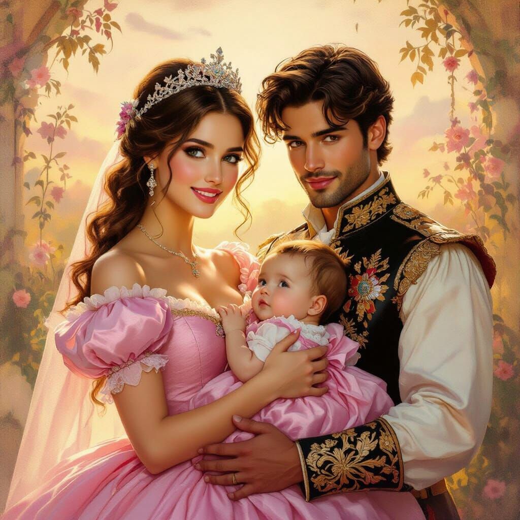 Princess Holds Baby in Romantic Oil Painting Style