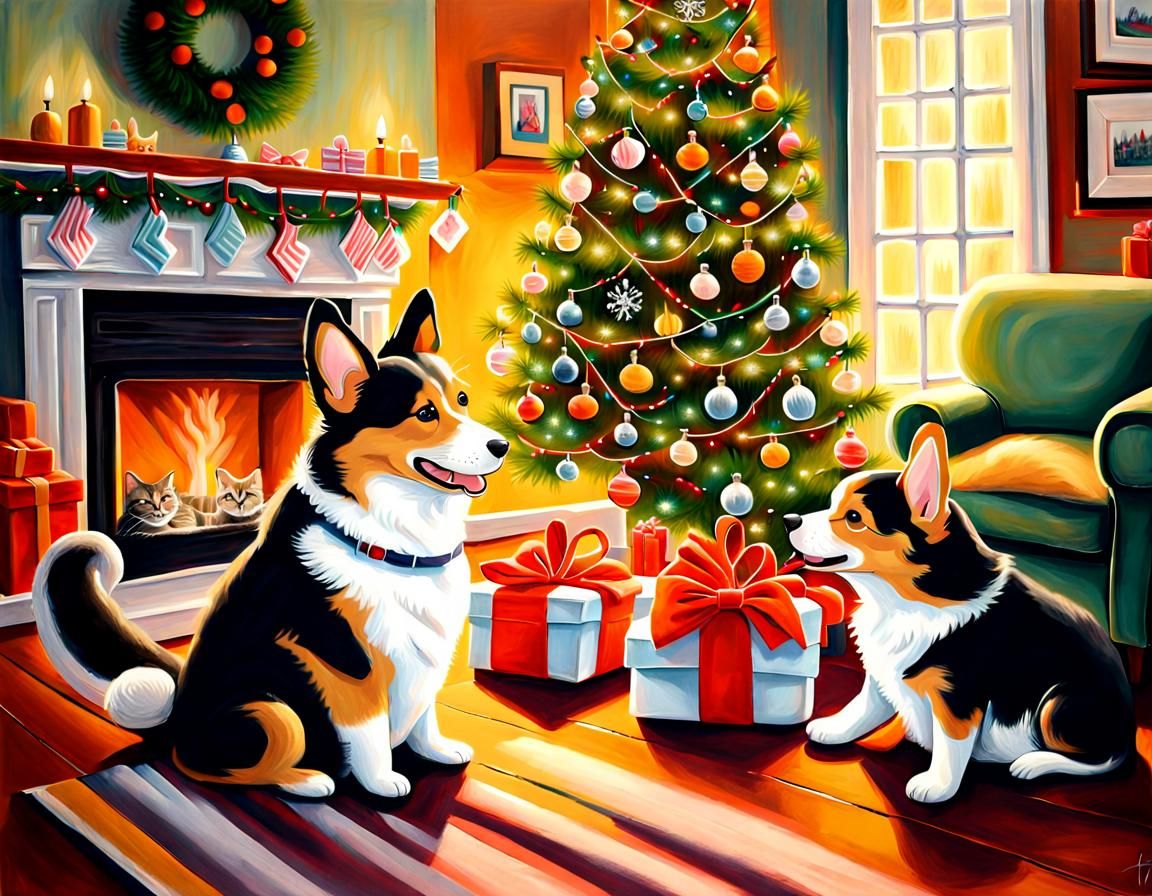 Cute Corgi and Cat Exchange Gifts: Oil Painting
