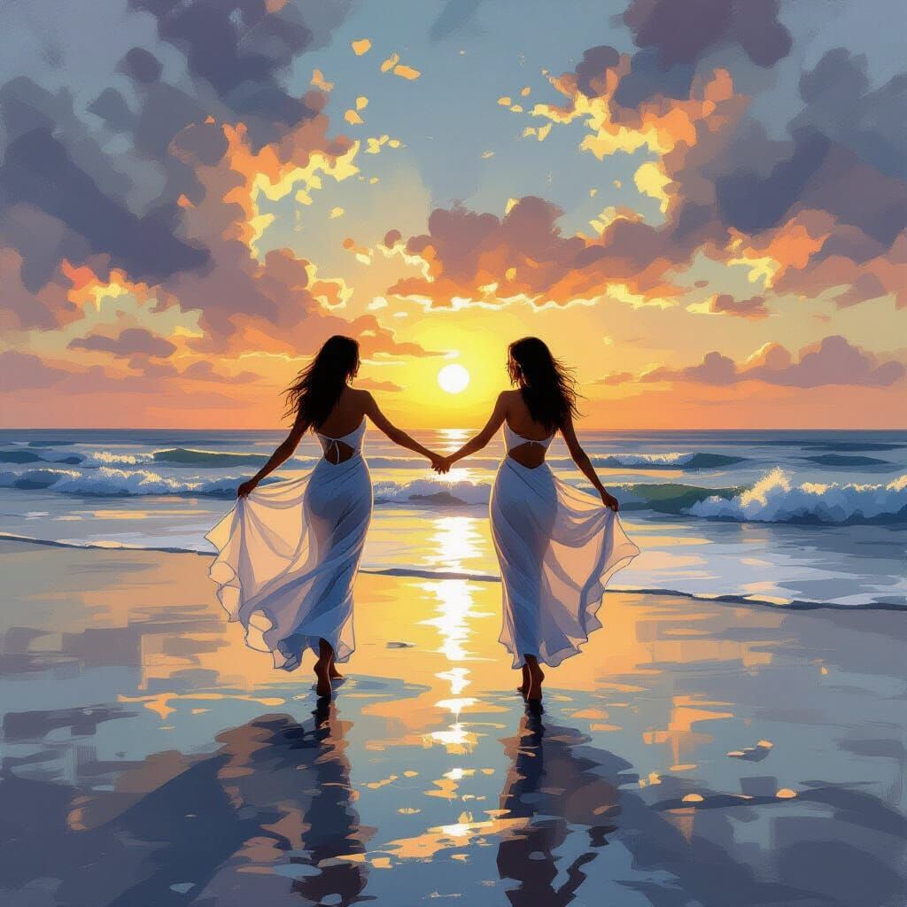 Floral Figures Dancing in Rain on Beach, Impressionist Style