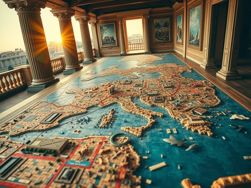 Mosaic Map of Ancient Rome on Wooden Table