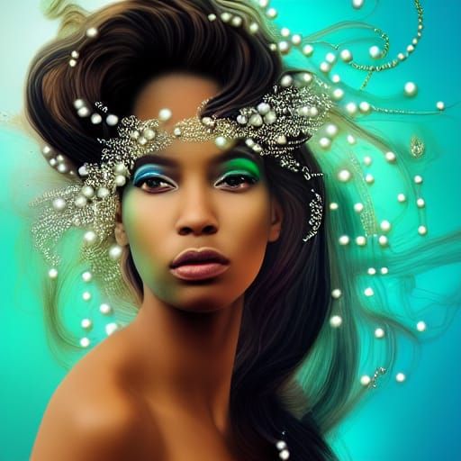 Underwater Fantasy Portrait with Flowing Pearls and Flowers