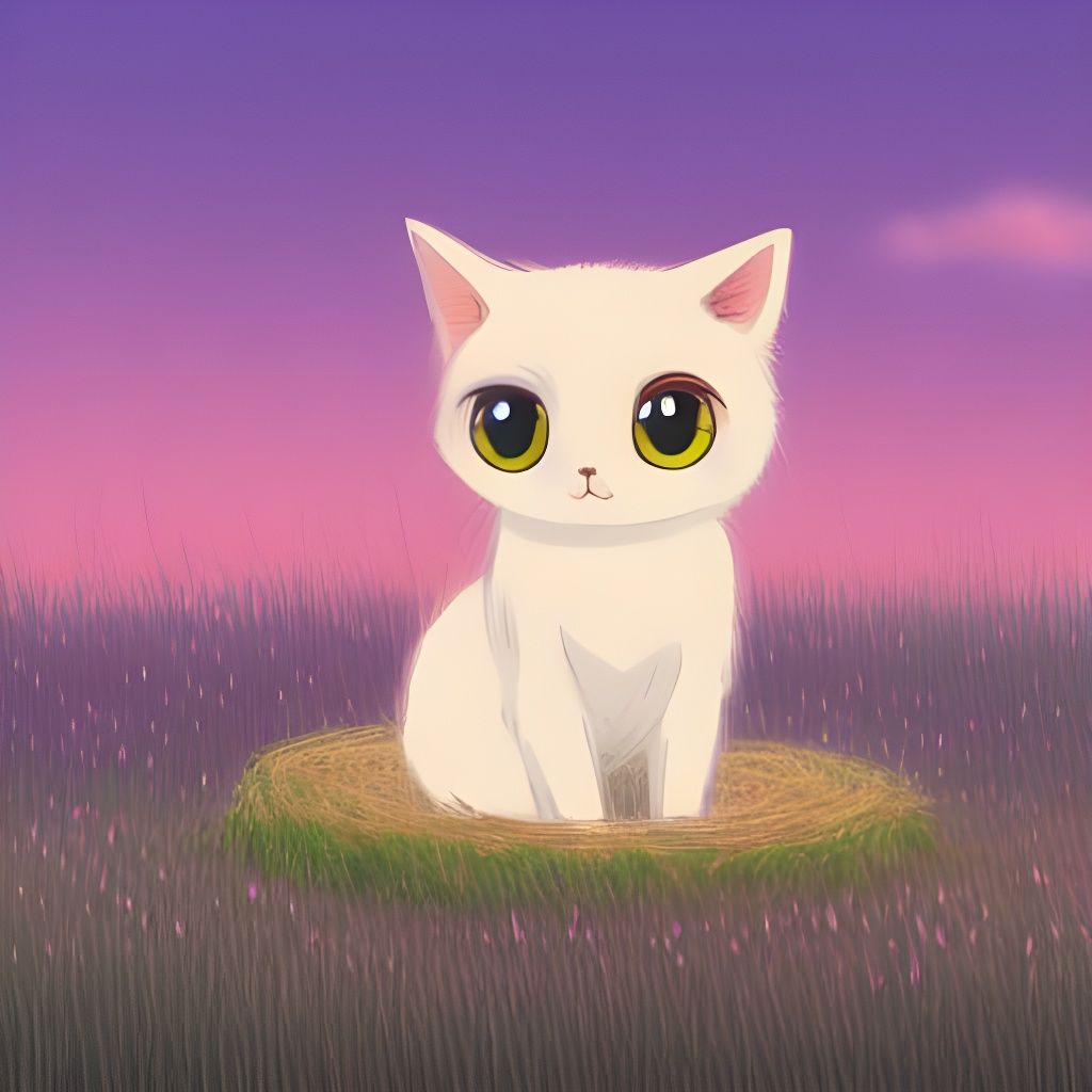 Cute Cat on Hay Bale in Anime Style
