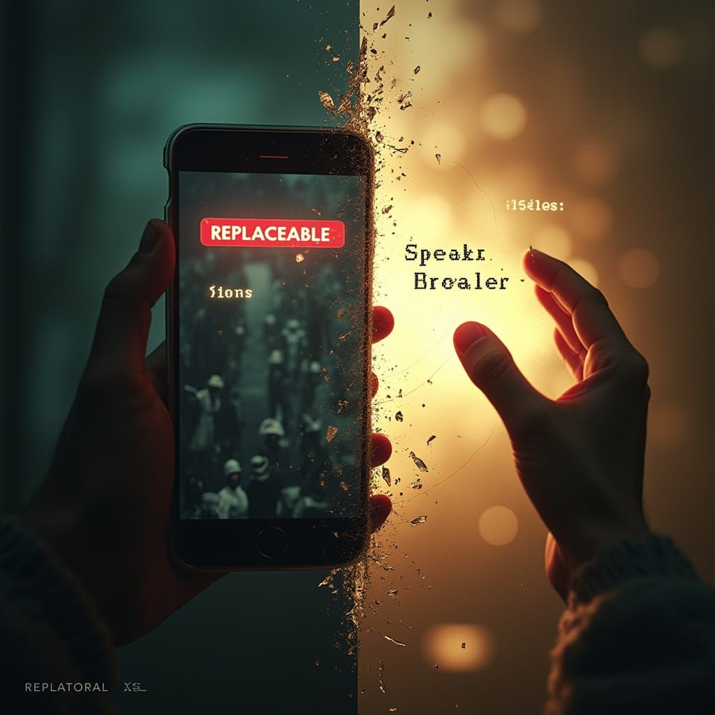 Cyberpunk Dystopia vs Human Connection in Split-Frame Image