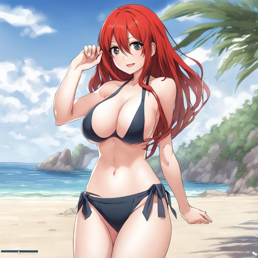 Redhead Woman on Beach in Anime Style