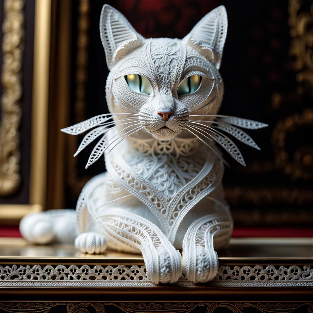 Hyperdetailed Lace Cat Sculpture on Mantlepiece