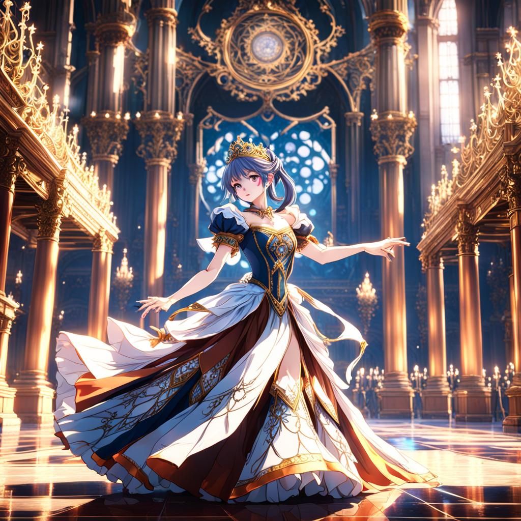 Anime Princess Dancing in Ballroom: Detailed Fantasy Art