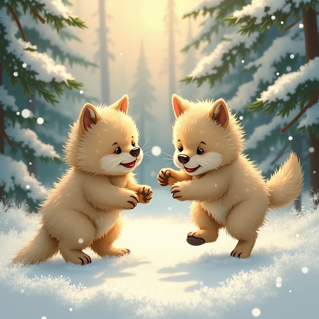 Wolf Cubs Frolic in Winter Wonderland, Illustrated Style