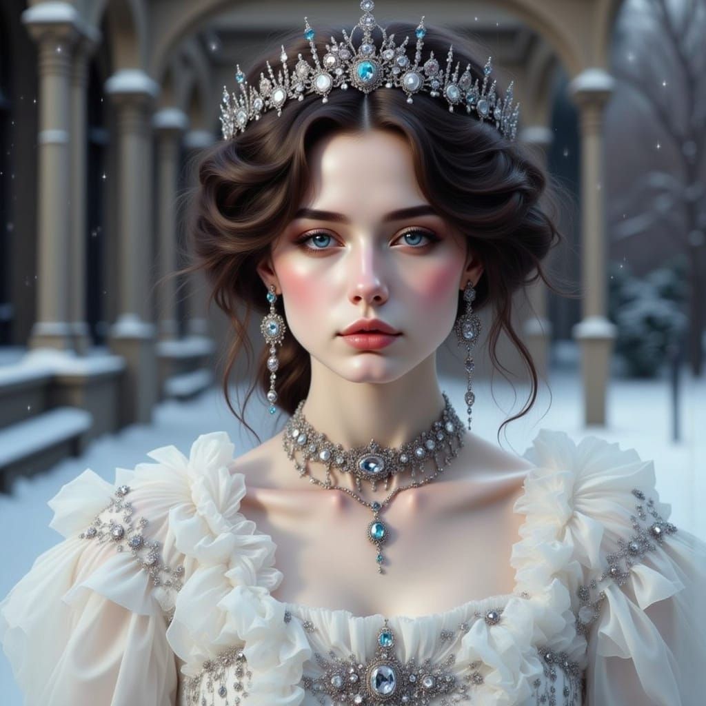 Lady Winter in English Garden, Photorealistic Art