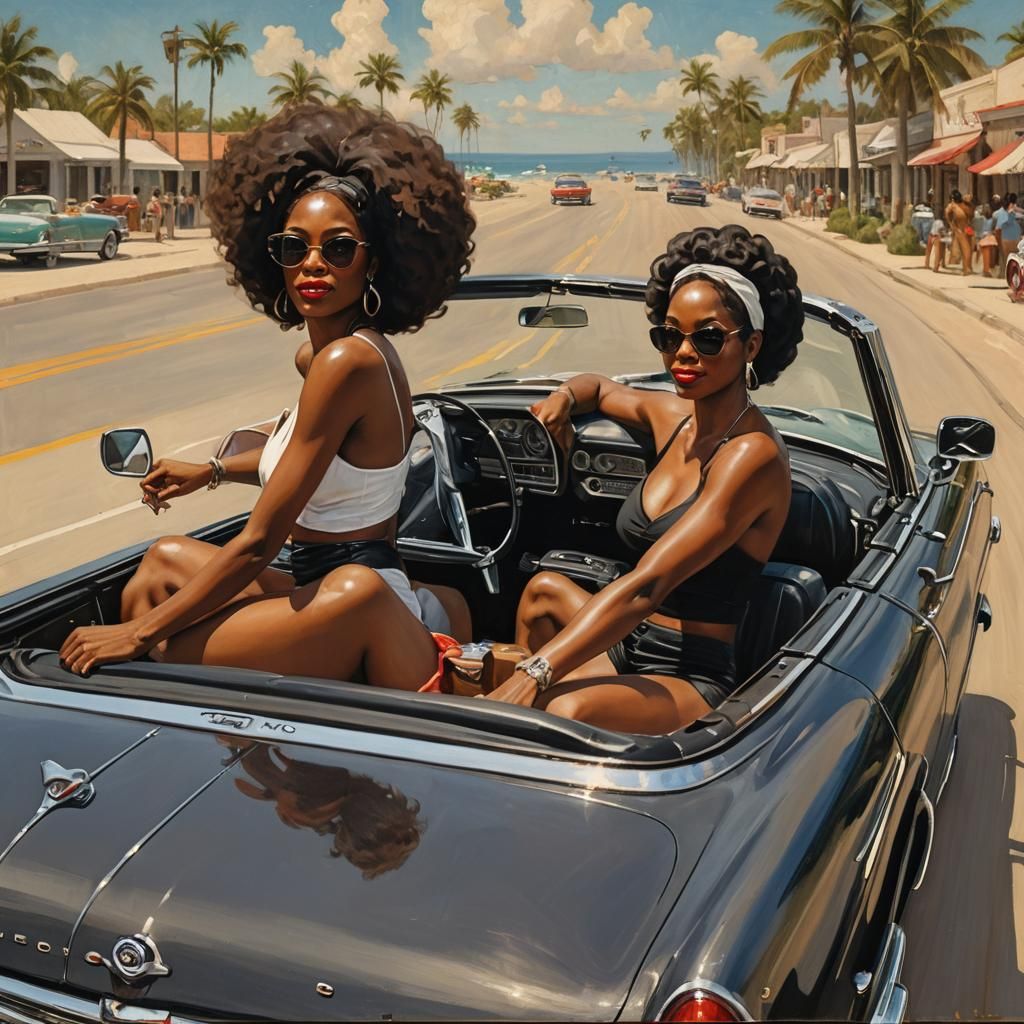Vintage Convertible Ride: Oil Painting of Two Women
