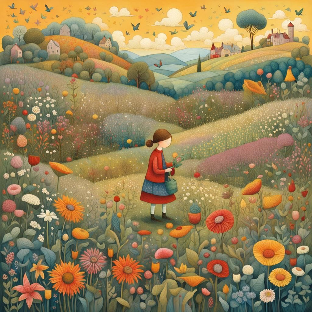 Girl in Flower Field Illustration