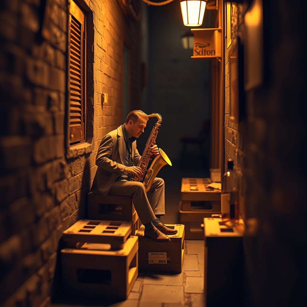 Saxophone Player in Dim Alley with Golden Lighting