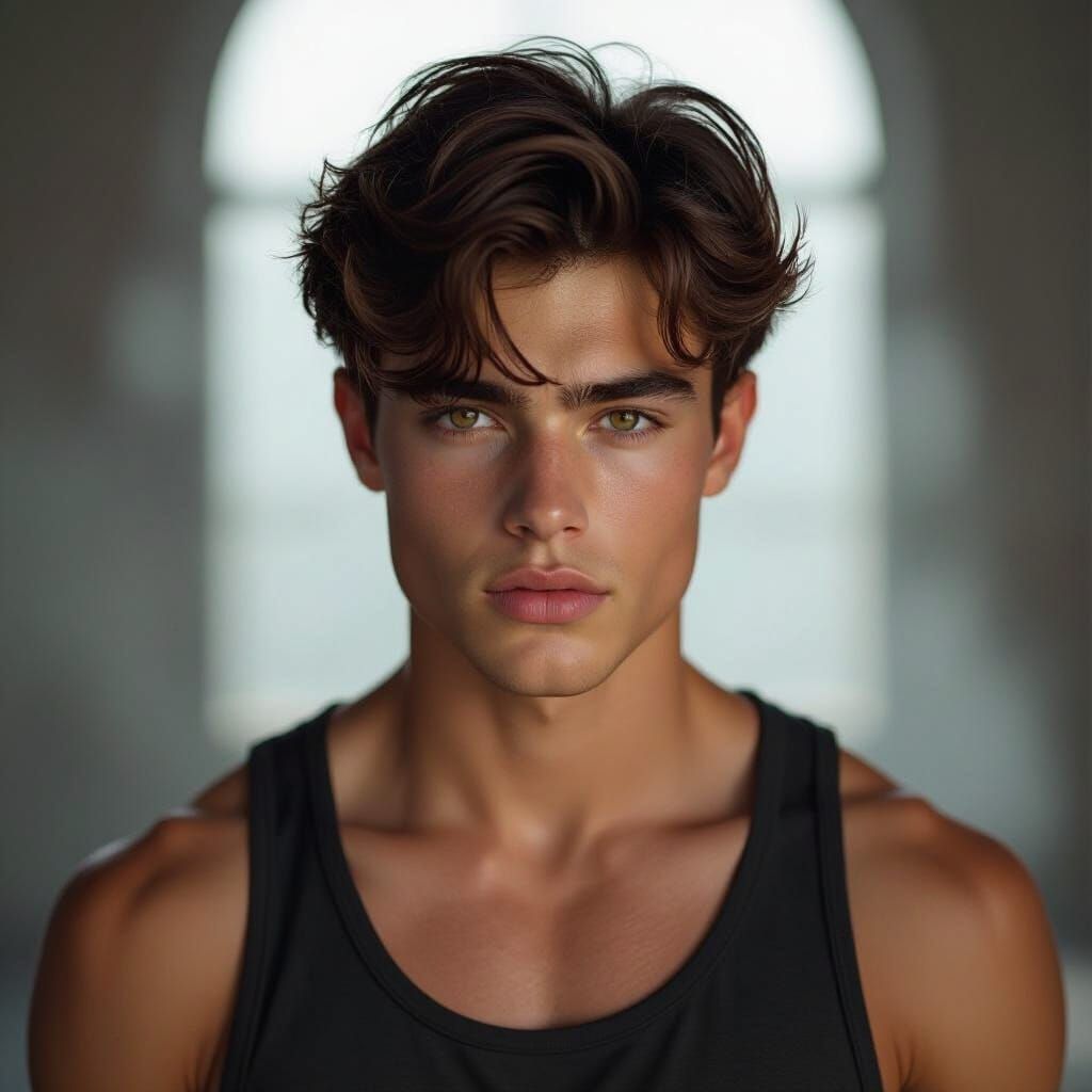 Intense Gaze of a Muscular Teenager in Dramatic Lighting