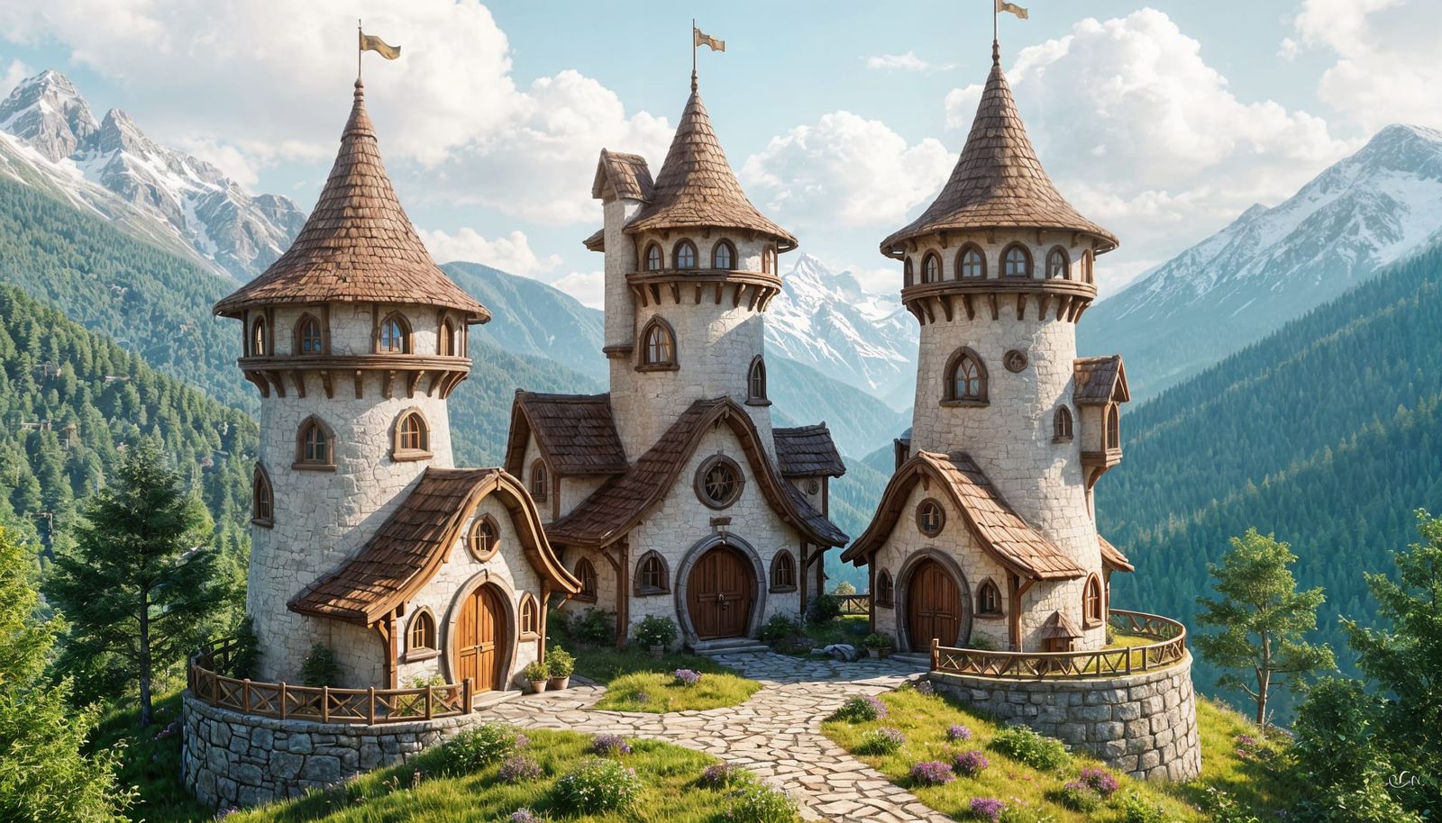 Whimsical Elvish Cottages on Mountaintop