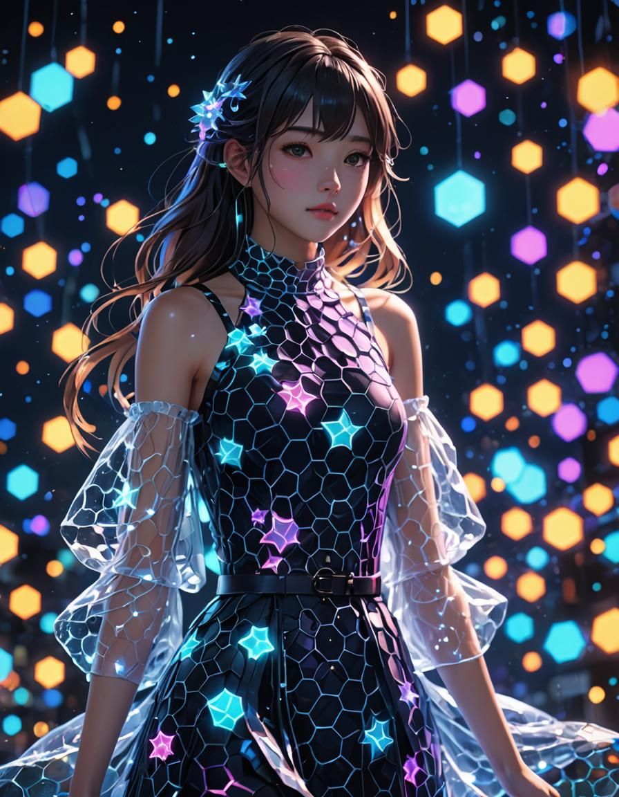 Anime Girl in Neon UV Honeycomb Dress