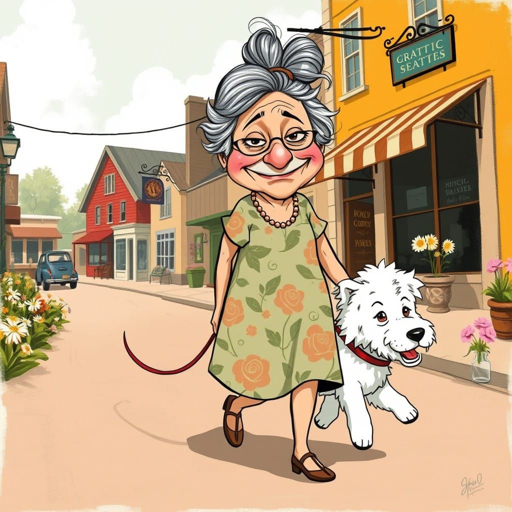 Whimsical Grandma Strolls with Her Playful Companion in Folk...