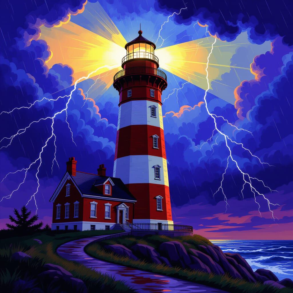 Massive 19th Century Lighthouse Piercing Darkness in Fantasy...