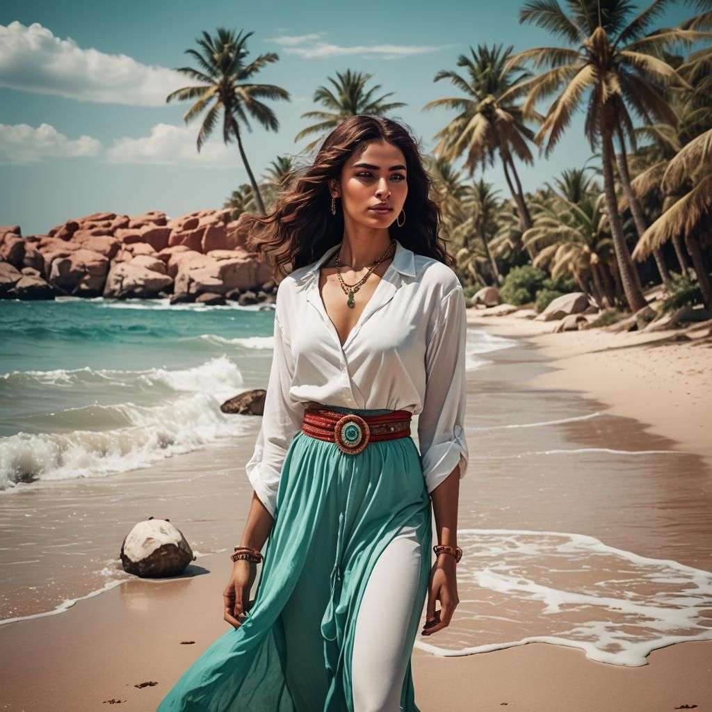 Egyptian Women on Tropical Beach: Cinematic Film Still