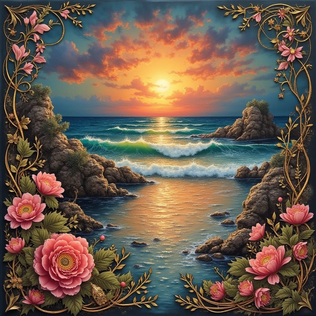 Ethereal Sunset at Sea with Magical Script