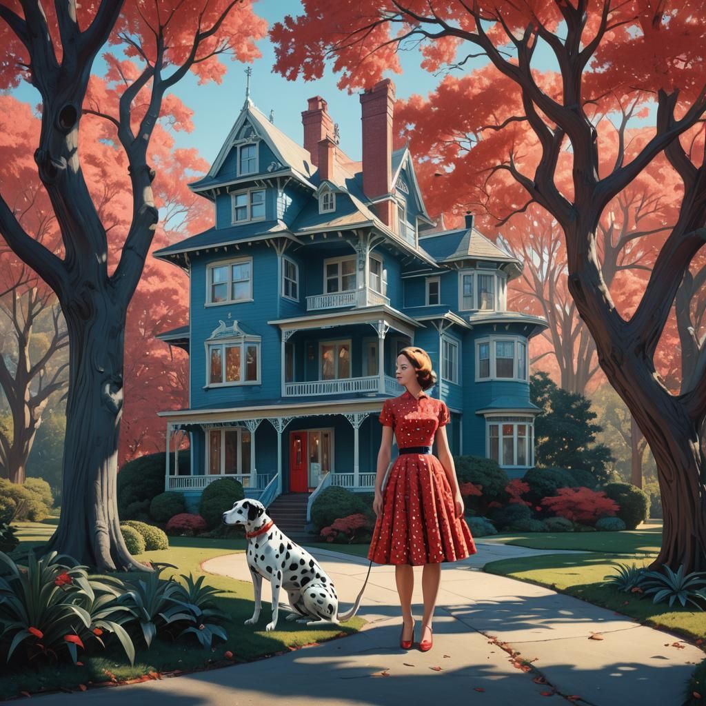 Pin-Up and Dalmatian at Victorian House, Matte Painting