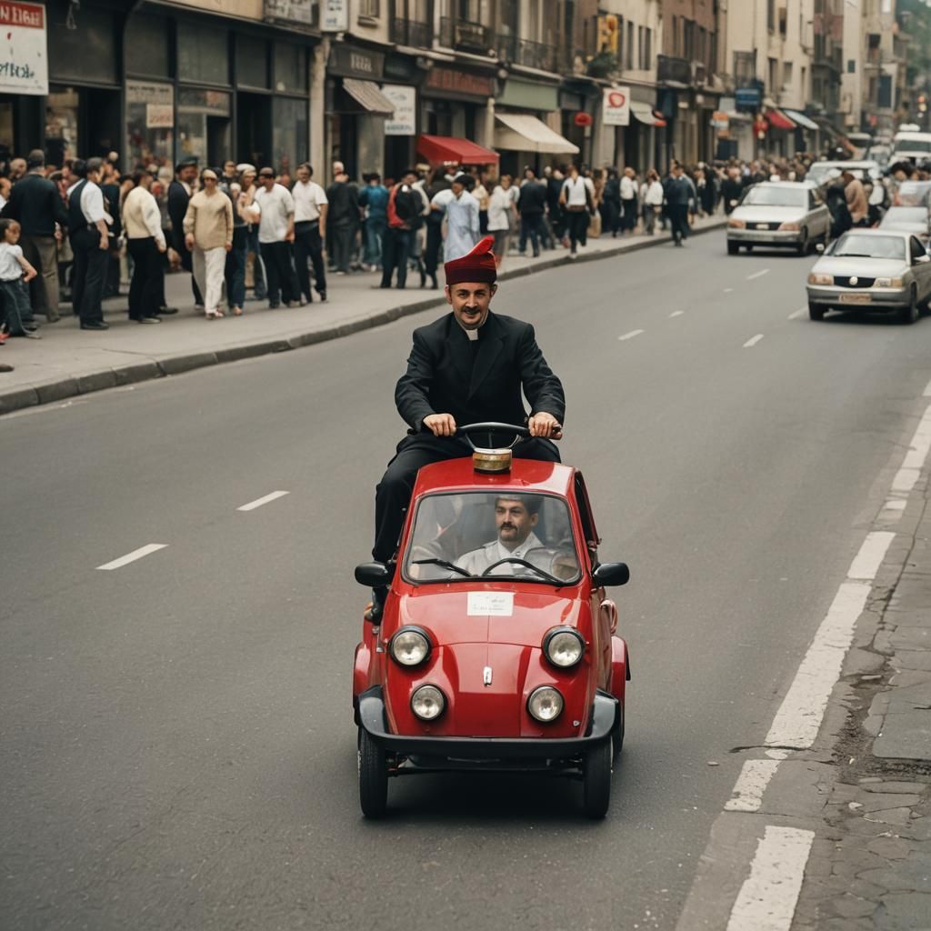 Man in Fez Driving a Tiny Car
