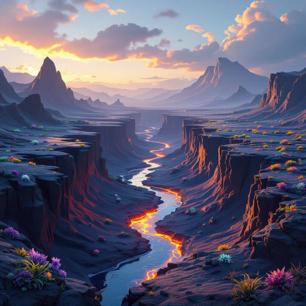 Alien Canyon with Lava Flow and River