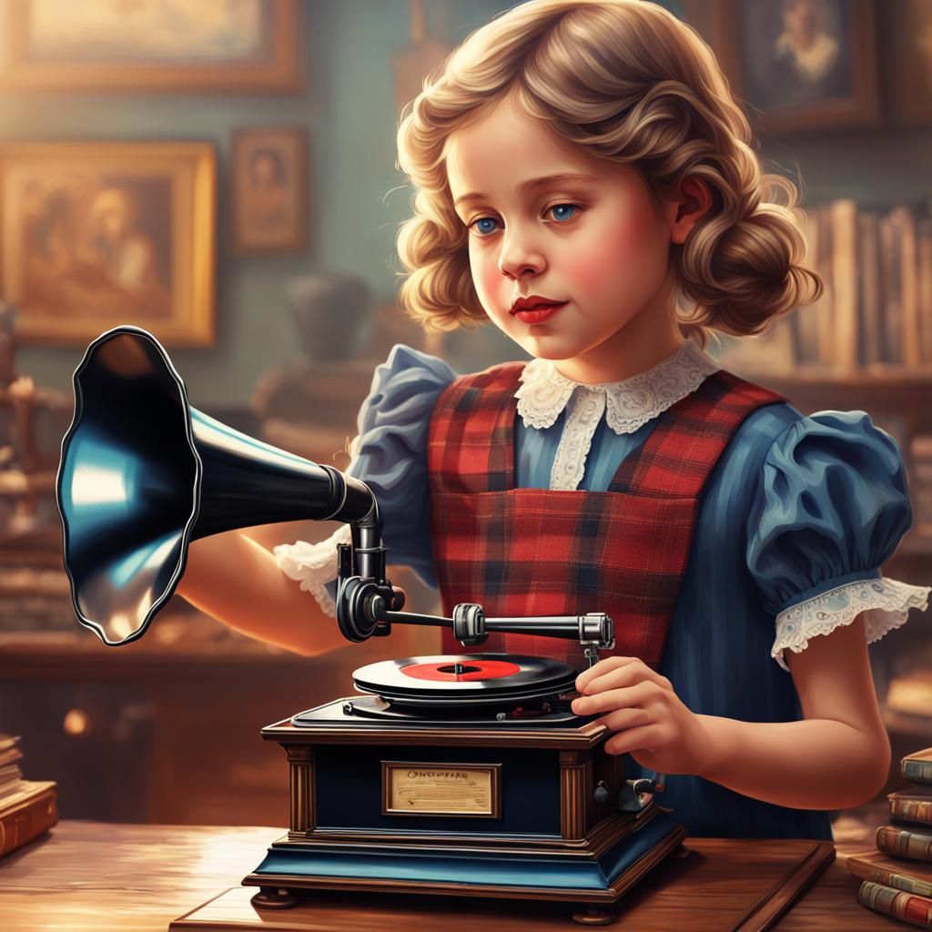 Retro Gramophone with Girl in Pixel Art Style