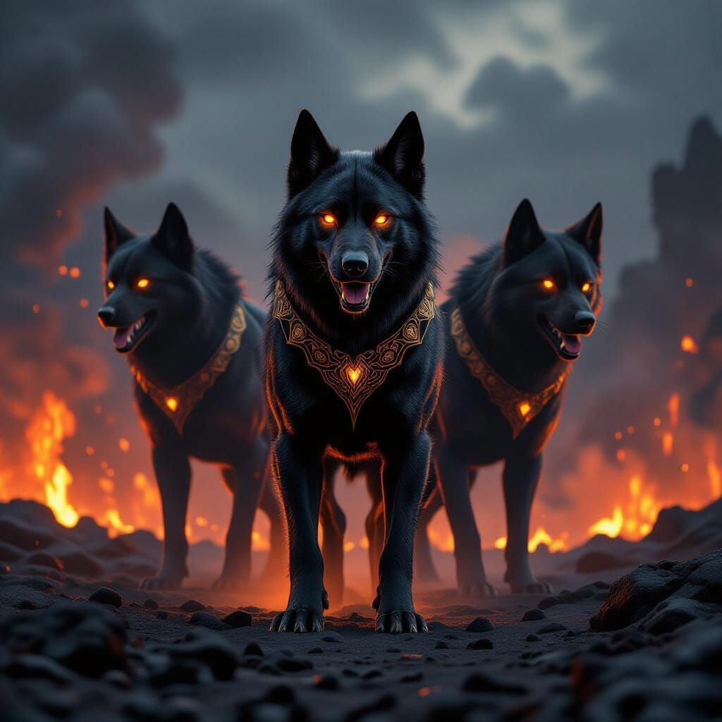 Three-Headed Hound Guardian in Dark Fantasy Style