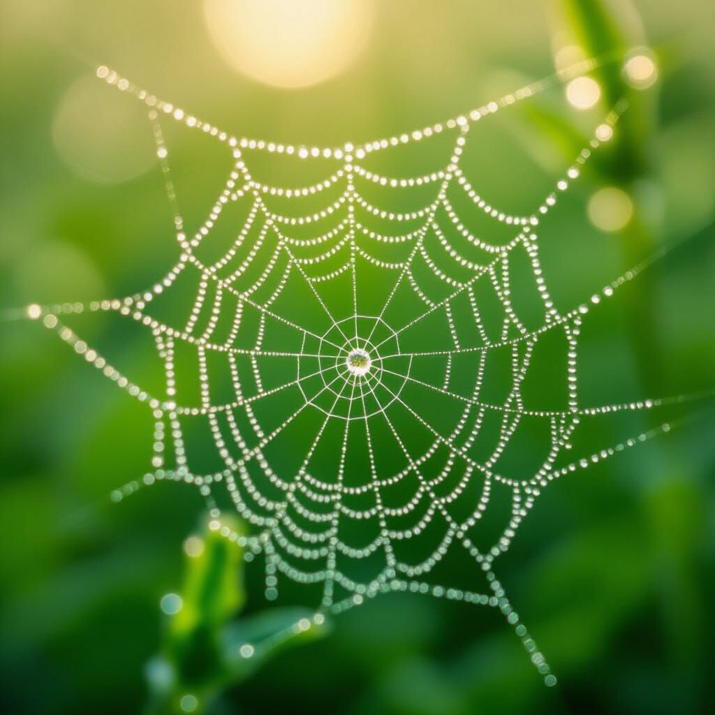 Dew-Kissed Spiderweb in Morning Sunlight