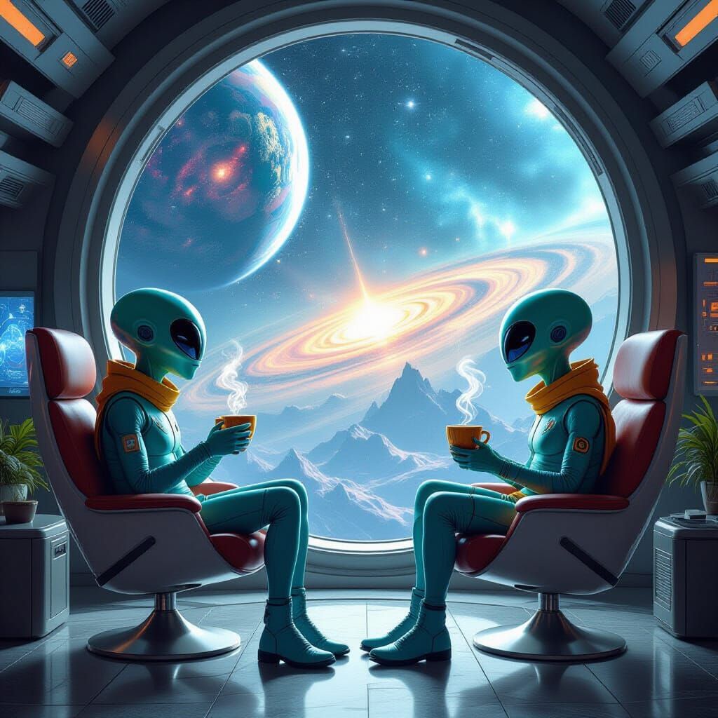 Aliens Enjoying Space Cocoa in Futuristic Living Room