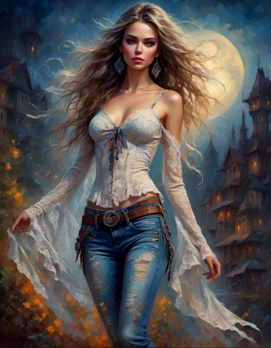 Boho Woman with Bioluminescent Eyes in Moonlight