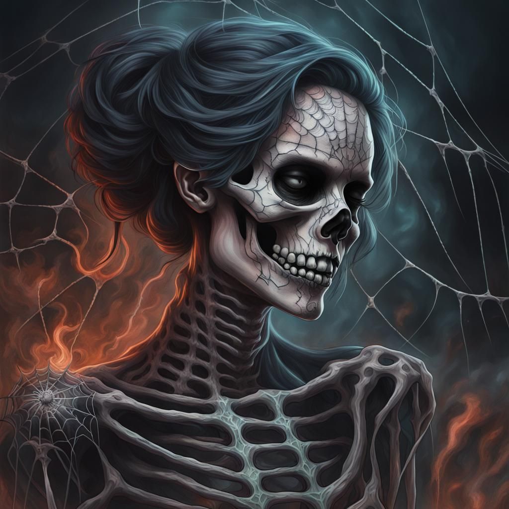 Angry Female Skeleton with Spider Web Tattoos