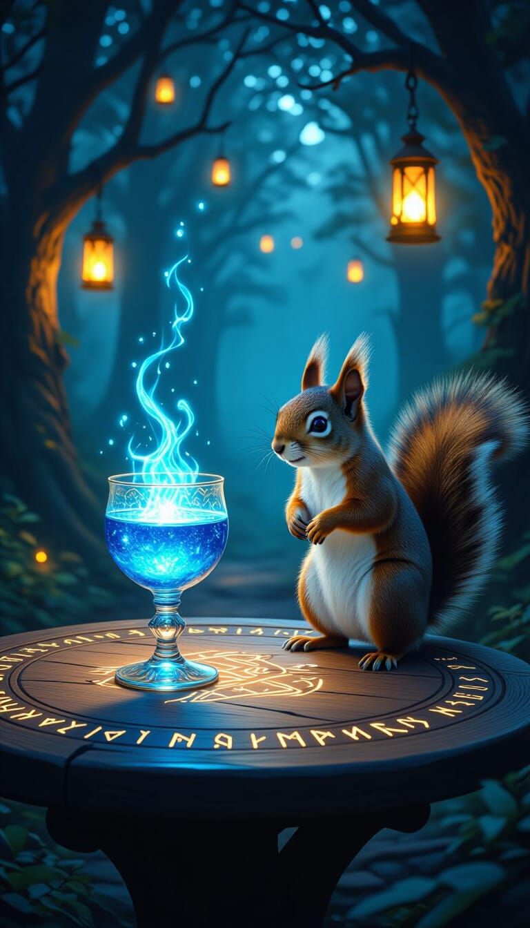 Majestic Squirrel & Magical Chalice in Glowing Forest